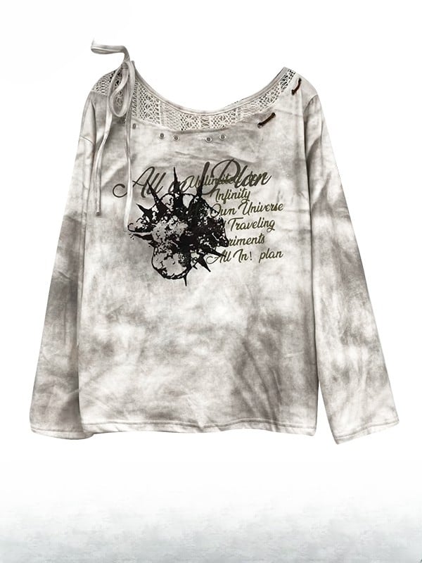 White Wasteland Punk Letter Print Self-tie Strap Tie Dye Design Sweatshirt