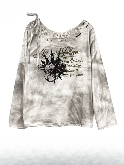 White Wasteland Punk Letter Print Self-tie Strap Tie Dye Design Sweatshirt