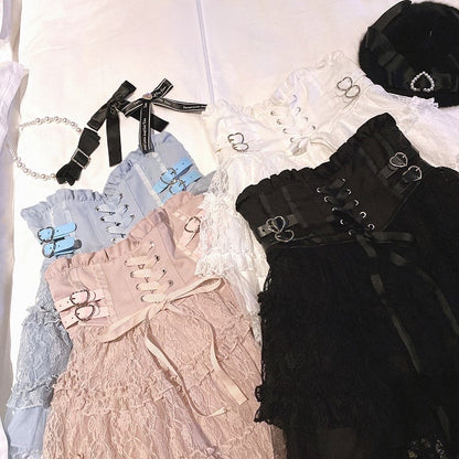 Jirai Kei High Waist Tiered Lace Skirt | Heart Buckles & Lace-Up Detail | 5 Colors