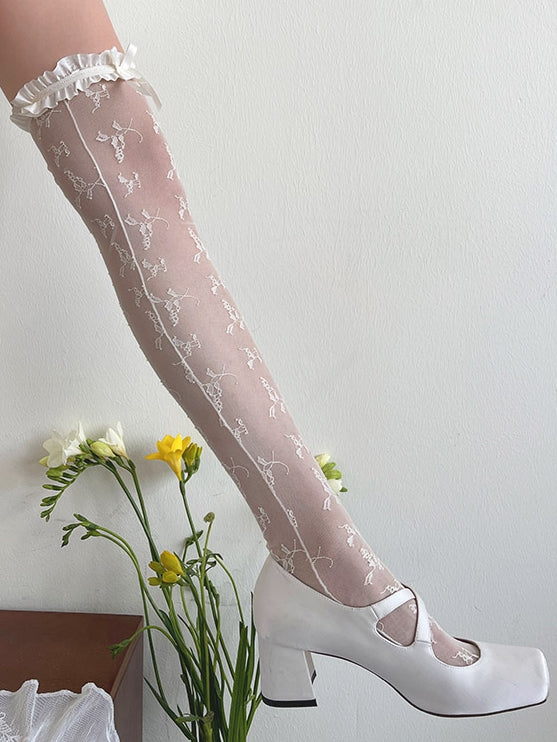 White/Black/Beige Rosette Lace Over-Knee Stockings