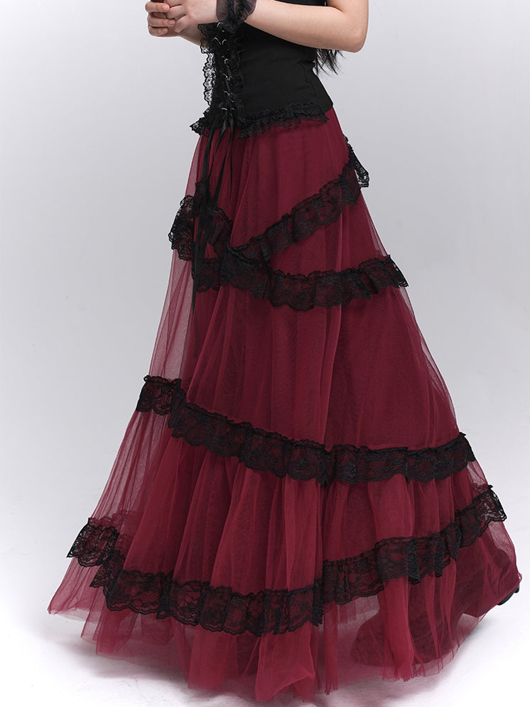Contrast Black Lace Trim Wine Red Floor Length Mesh Skirt