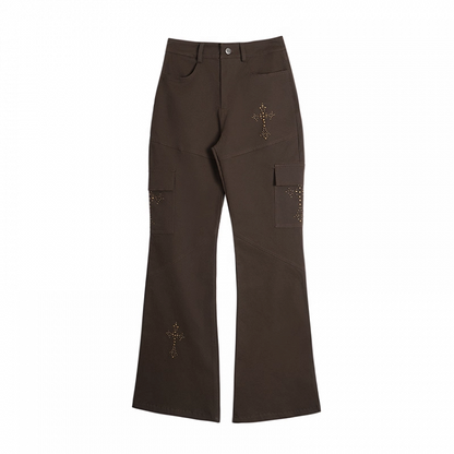 Brown Low Waist Cross Rhinestones Vintage Flared Pants