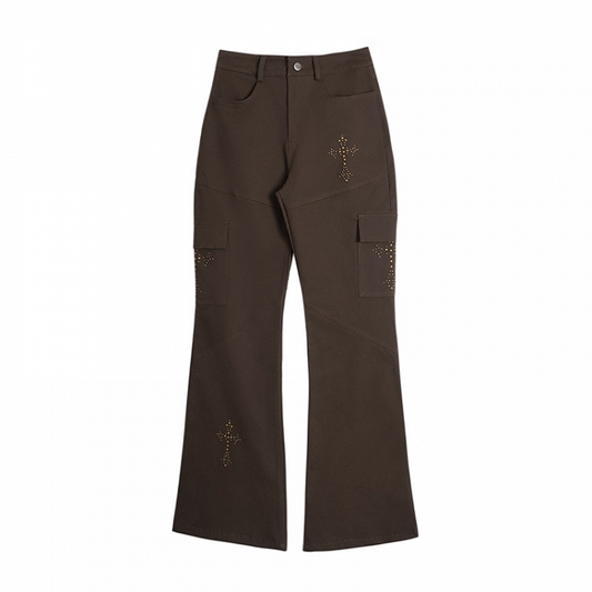 Brown Low Waist Cross Rhinestones Vintage Flared Pants