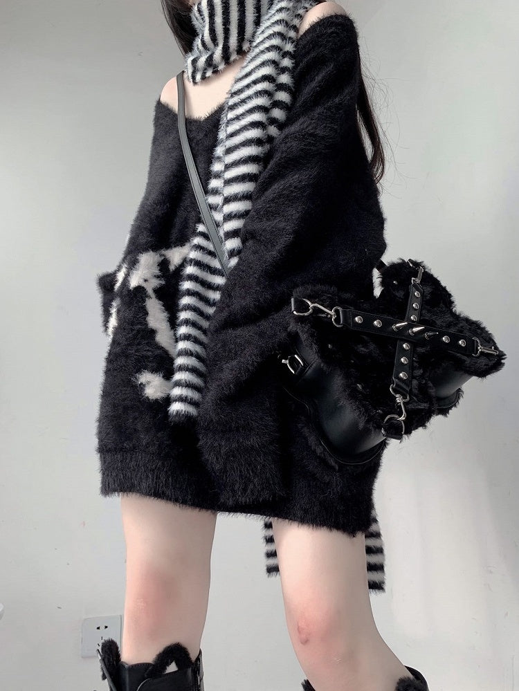 Black Punk Y2K Bone-Shaped Fleece Bag With Studded Crisscross Straps