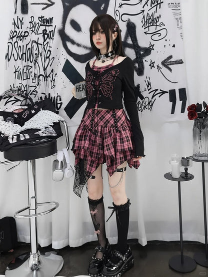 Y2K Lace-up Front Butterfly Print Black and Pink Plaid Top Faux Two-pieces