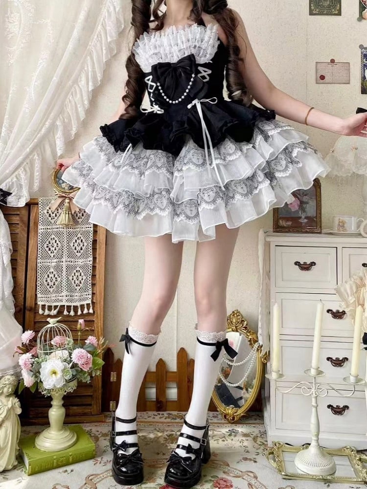 Black and White Balletcore Princess Lolita Halter Neck Dress