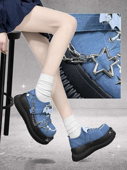 Star-shaped Studs and Chains Gothic Blue Bat Wings Platforms Punk Shoes