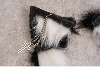 Cross Chains Decorated Black and White Gothic Kitty Ears KC