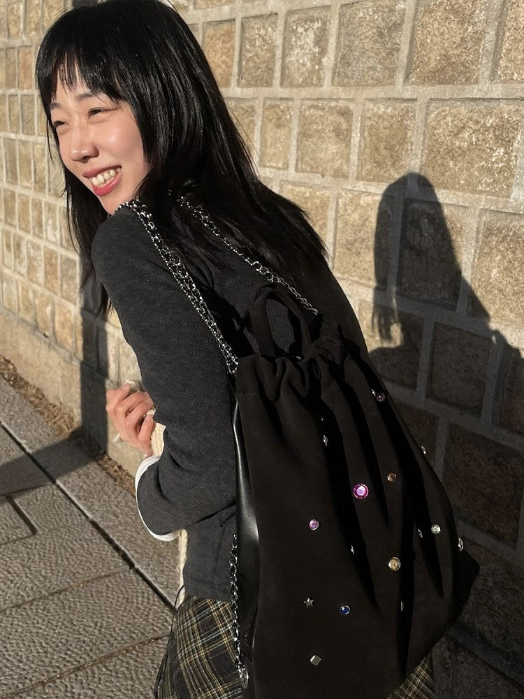 Charming Black Backpack With Rhinestone Embellishments
