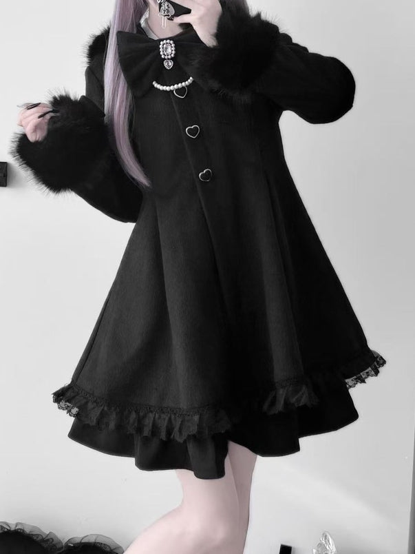 Jirai Kei Black A-Line Coat with Detachable Bunny Hood | Plush Ears & Cuffs | Wool Blend