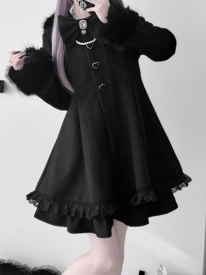Jirai Kei Black A-Line Coat with Detachable Bunny Hood | Plush Ears & Cuffs | Wool Blend