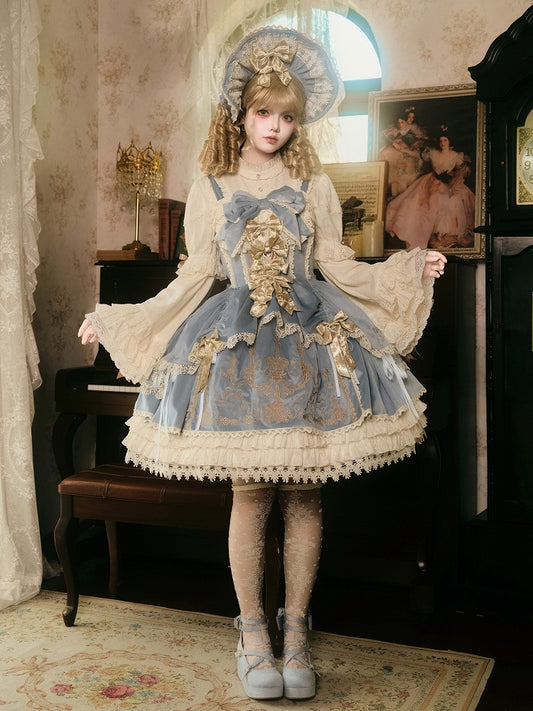 Bows Decoration Candle Embroidery Blue Velvet Dress Lolita JSK / Set