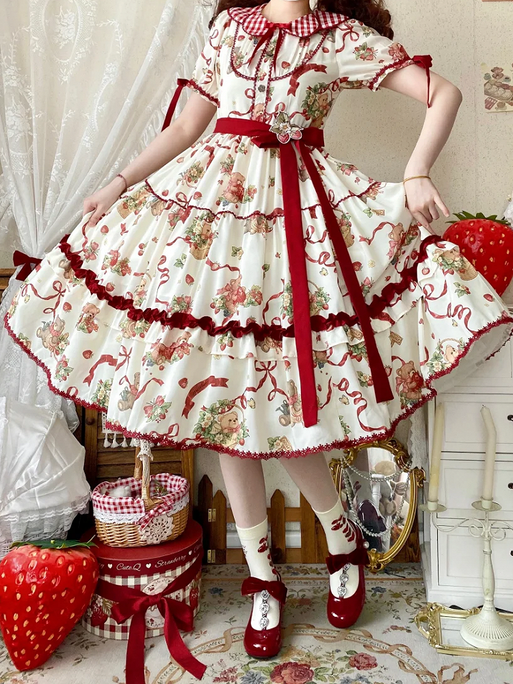Teddy and Strawberry Print Creamy White Lolita Short Sleeves Dress