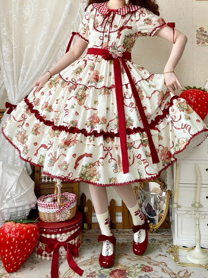 Teddy and Strawberry Print Creamy White Lolita Short Sleeves Dress