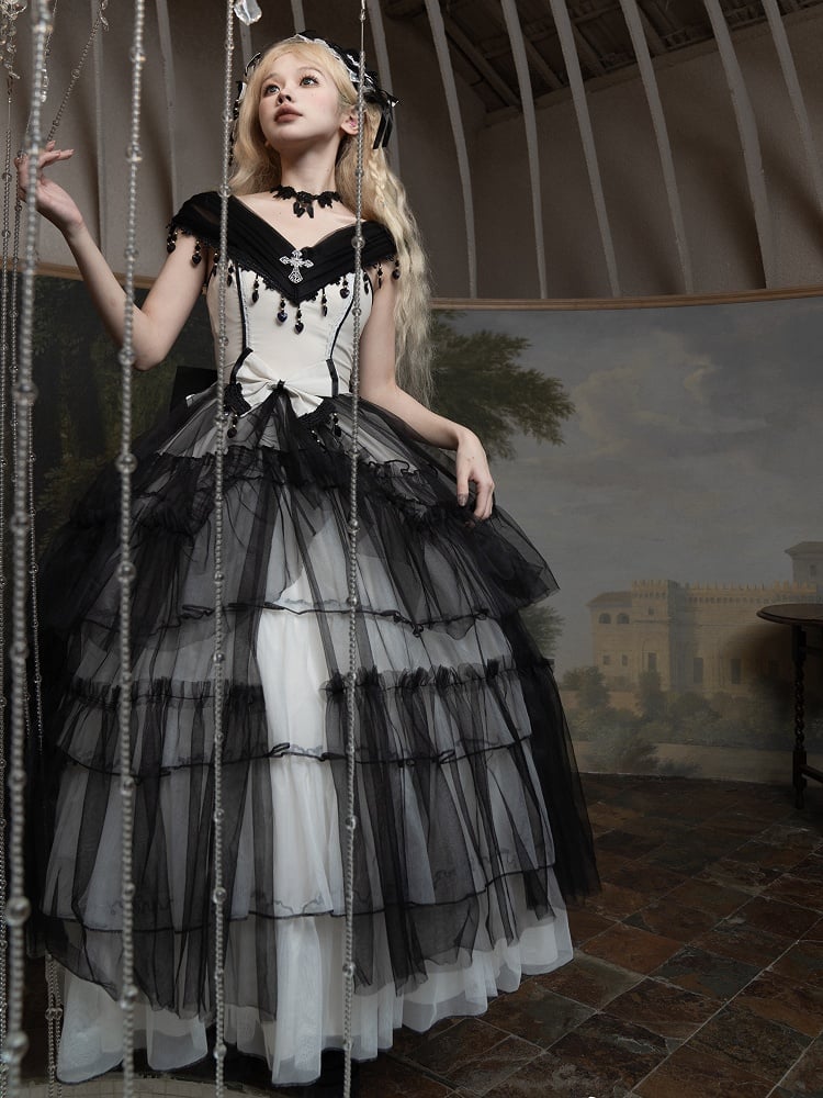 Plus Sizes Available Black Gothic Princess Off-the-shoulder Neckline Dress Black and White