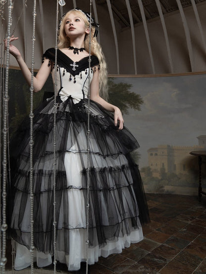Plus Sizes Available Black Gothic Princess Off-the-shoulder Neckline Dress Black and White