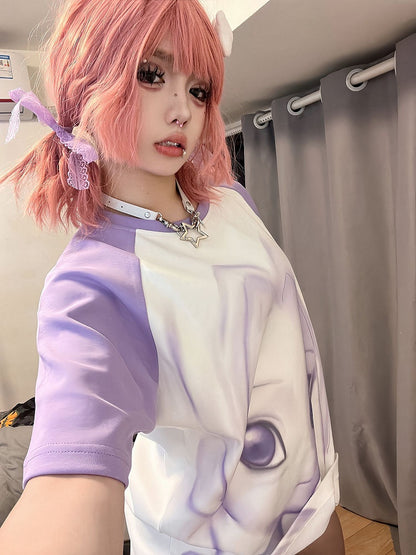 Cartoon Girl Print Purple and White T-shirt