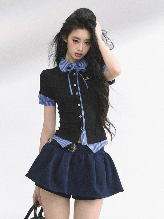 Black and Blue Stripes Preppy Style T-shirt Faux Two-pieces