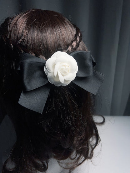 White/Pink Camellia Design Bowknot Hairclip