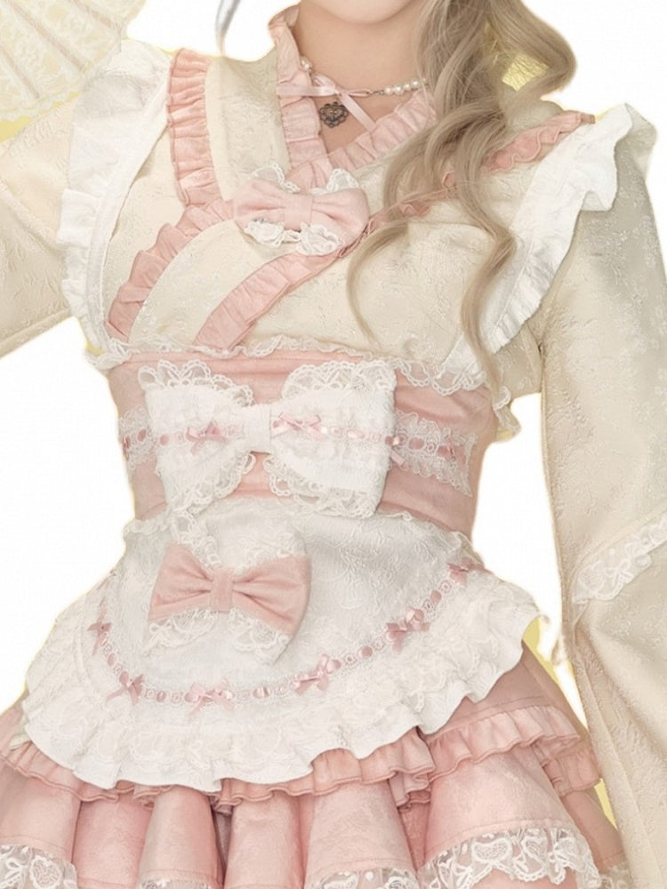 Pink & White Sash Apron with Lace Trim and Bow Accents