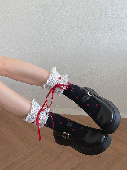 White/Black Sweet Strawberry Bowknot Details Lace Trim Calf Socks