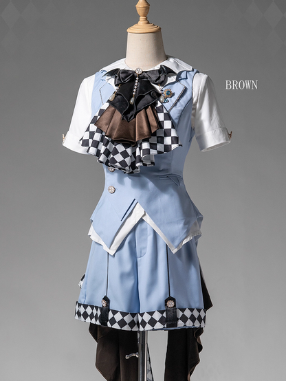 Bat Wing Detail Dark Blue/Brown/Purple Checked Pattern Layered Jabot Tie