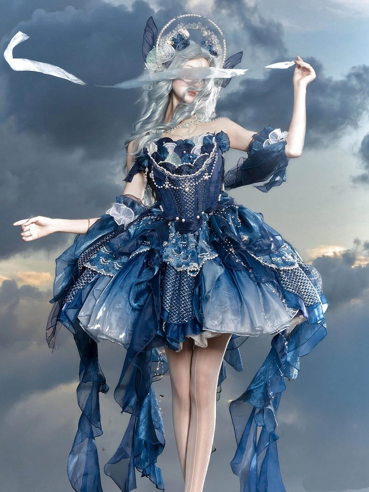 Deep Sea Blue Bead and Sequins Details Cascading Ruffle Accents Princess Lolita JSK Full Set