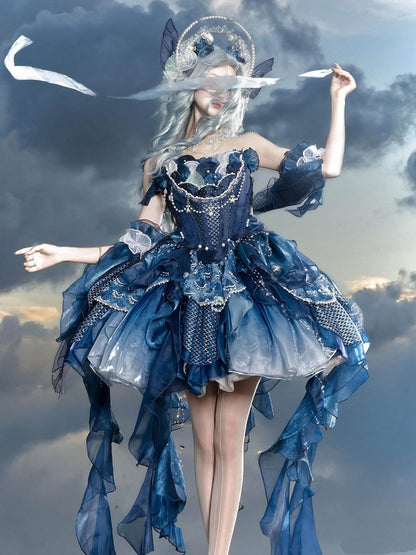Deep Sea Blue Bead and Sequins Details Cascading Ruffle Accents Princess Lolita JSK Full Set
