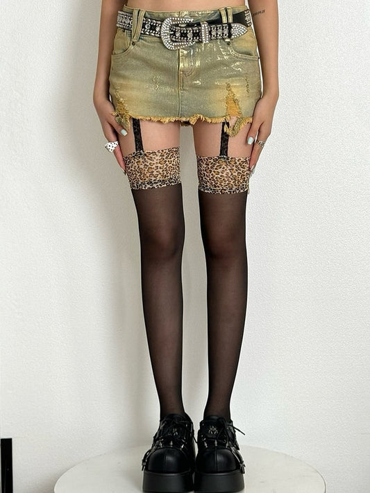 Black Y2K Leopard Pattern Semi-sheer Suspender Stockings