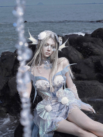 Dusty Blue Bead and Sequin Details Fairy Goth Mermaid Corset Top