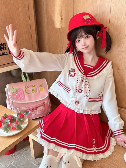 Ruffled Sailor Collar Bunny Ears Design Back Light Pink/Wine Red JK Uniform Top