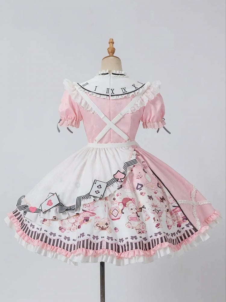 Alice in Wonderland Vibes Pink Bunny and Teapot Print Apron Dress Sweet Lolita OP / Full Set