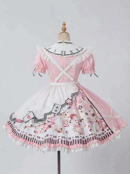 Alice in Wonderland Vibes Pink Bunny and Teapot Print Apron Dress Sweet Lolita OP / Full Set