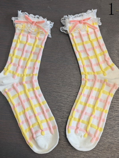 9 Options Colorful Lolita Ruffled Cuffs Cartoon Calf Socks