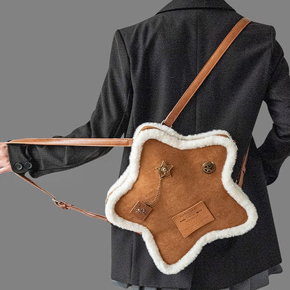 Vintage Brown Small-Sized Star-Shaped 2-Way Backpack With Labels And Metal Pins In A Plush Feel