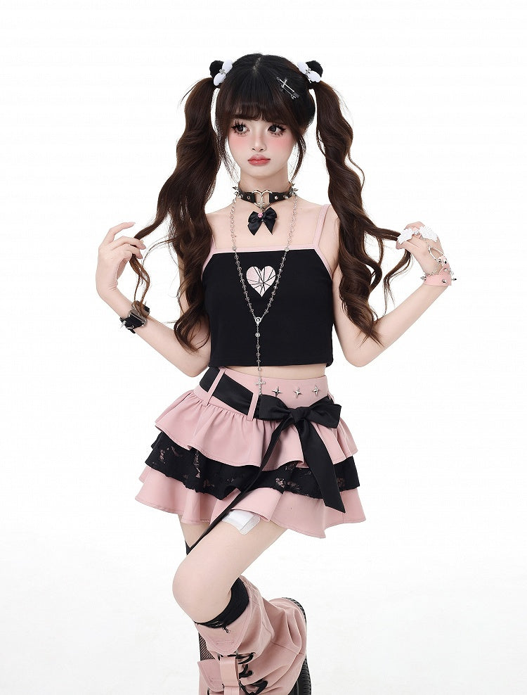 Pink Bittersweet Mini Tiered Skirt with Detachable Bow