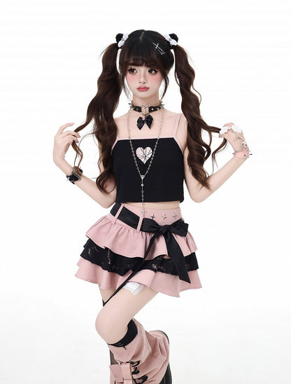 Pink Bittersweet Mini Tiered Skirt with Detachable Bow