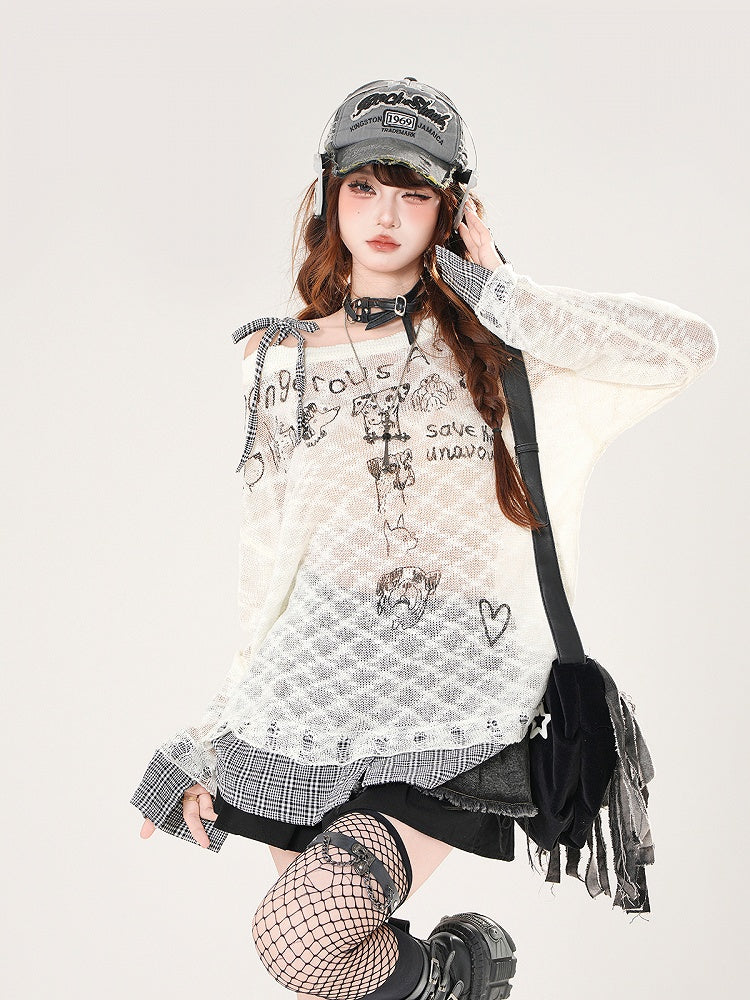 Plaid Hem Asymmetrical Neckline Puppy Print Beige/Black Semi-sheer Coverup