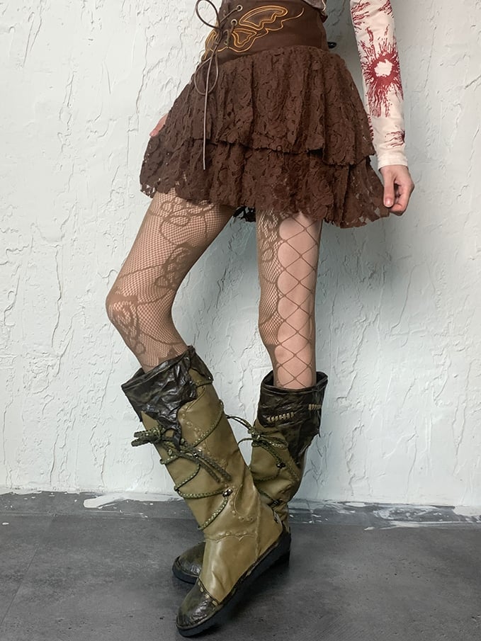 5 Color Options Wasteland Punk Cut-out Design Floral Pattern Tights