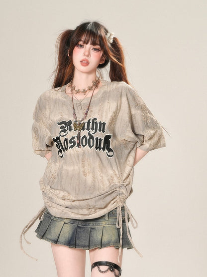 Apricot Letter Print Drawstring Waist Distressed Holes Loose T-Shirt