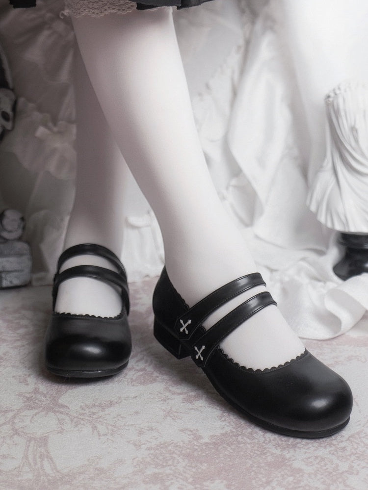 Black Gothic Cross Embroidery Velcro Strap Closures Round Toe Flats