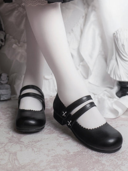 Black Gothic Cross Embroidery Velcro Strap Closures Round Toe Flats