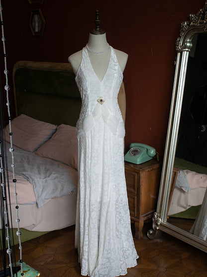 Vintage Rhinestones White Cutout Back V-neck Velvet Gown Evening Dress