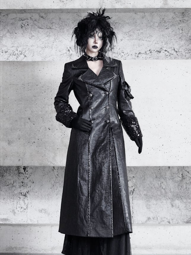 Black Goth Cracked Leather Trench Coat with Cozy Fleece Lining