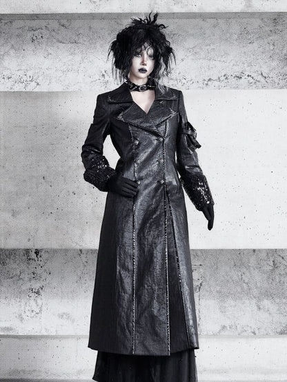 Black Goth Cracked Leather Trench Coat with Cozy Fleece Lining