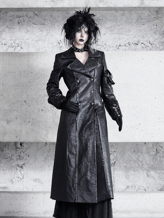 Black Goth Cracked Leather Trench Coat with Cozy Fleece Lining