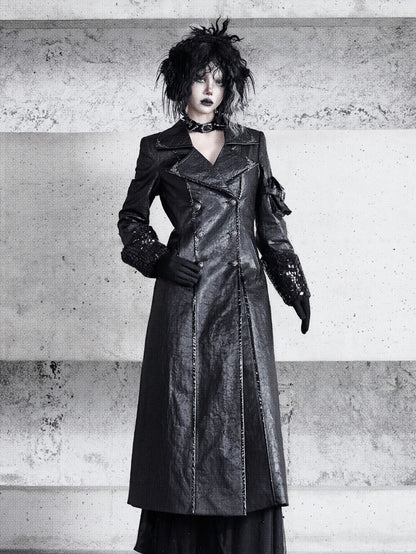 Black Goth Cracked Leather Trench Coat with Cozy Fleece Lining