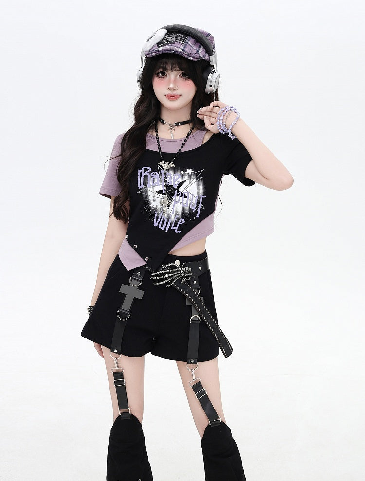 Asymmetrical Hem Star Print Black&Gray / Black&Purple Faux Two-pieces T-shirt