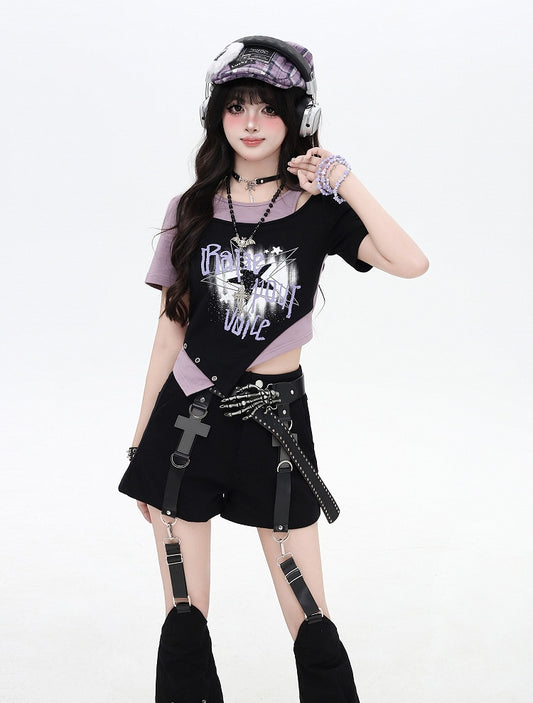 Asymmetrical Hem Star Print Black&Gray / Black&Purple Faux Two-pieces T-shirt