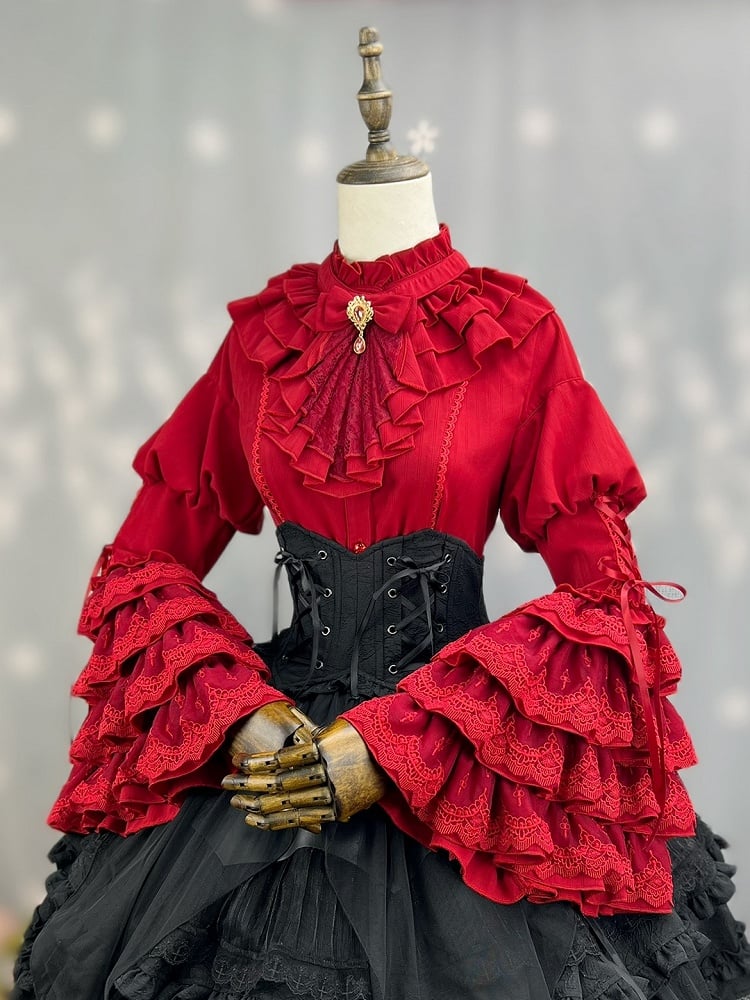 Red Ruffle Neckline Layered Bell Sleeves Kuro Gothic Lolita Shirt with Jabot Tie